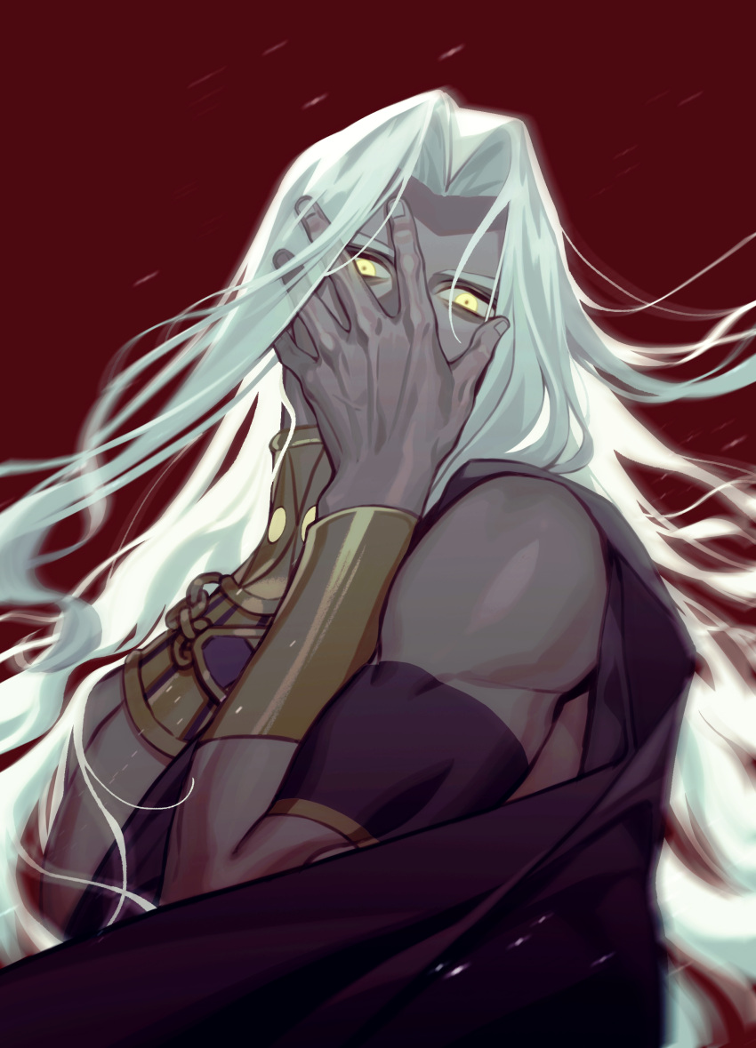 1boy absurdres armor bracer covering_face dark-skinned_male dark_skin english_commentary fan_mu_zhang glowing glowing_eyes greek_clothes hades_(game) highres long_hair looking_at_viewer male_focus red_background solo thanatos_(hades) upper_body white_hair yellow_eyes