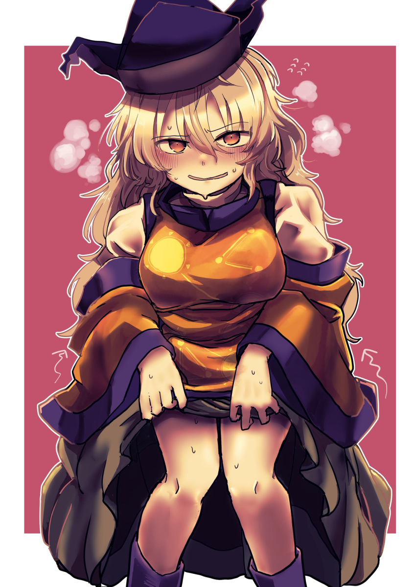 1girl apapo black_headwear blonde_hair blush border breasts clothes_lift constellation_print hat highres large_breasts legs lifted_by_self long_hair looking_at_viewer matara_okina open_mouth orange_eyes red_background simple_background skirt skirt_lift solo sweat tabard touhou tricorne white_border
