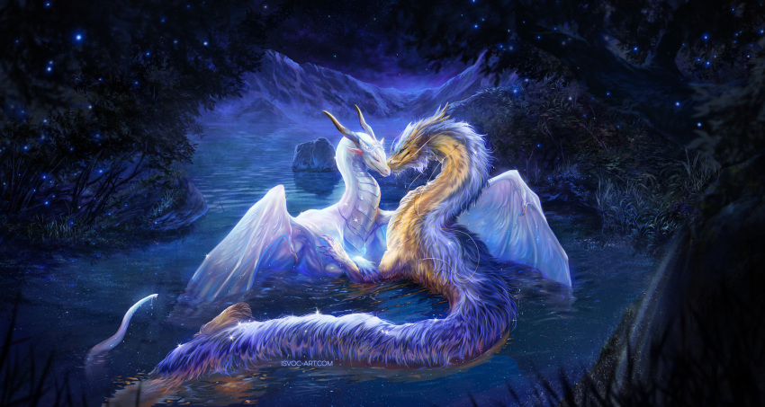 2022 ambiguous_gender asian_mythology claws detailed_background digital_media_(artwork) dragon east_asian_mythology eastern_dragon fur furred_dragon hi_res horn isvoc membrane_(anatomy) membranous_wings mythology night outside partially_submerged scales scalie smile western_dragon wings
