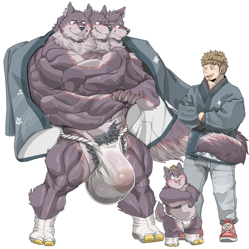 3_heads abs anthro asian_clothing balls balls_outline beard big_balls big_muscles big_pecs big_penis bottomwear brown_body brown_fur brown_hair bulge canid canine cerberus chan_kiti_chan_(artist) chubby_anthro chubby_male clothed clothing crossed_arms east_asian_clothing european_mythology facial_hair family father father_and_child father_and_son footwear fundoshi fundoshi_only fur genital_outline genitals greek_mythology group hair hi_res human japanese_clothing kimono larger_anthro larger_male male male/male mammal multi_head multicolored_body multicolored_fur muscular muscular_anthro muscular_male mythology open_clothing open_shirt open_topwear pants parent parent_and_child pecs penis penis_outline red_body red_fur shirt shoes size_difference smaller_human smaller_male socks son topwear translucent translucent_clothing trio underwear underwear_only white_body white_fur