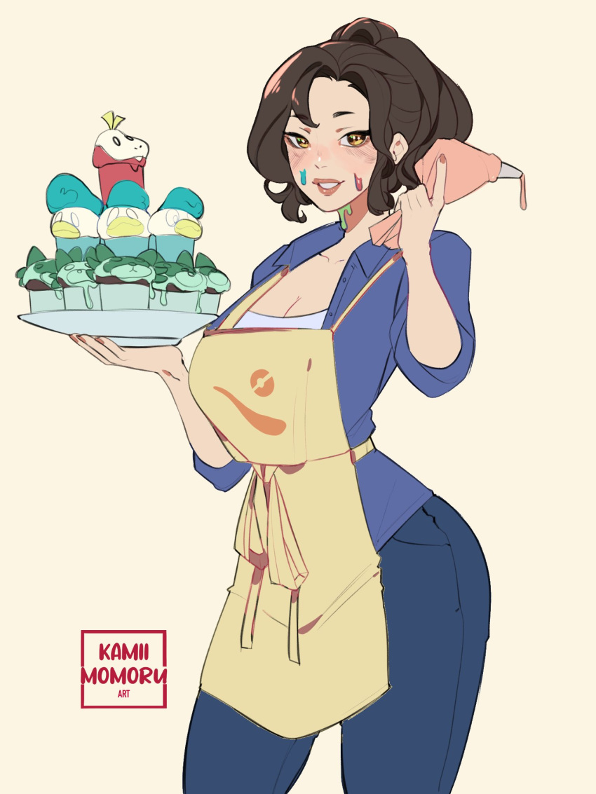 1girl apron artist_name blue_shirt blush breasts brown_eyes brown_hair cleavage collared_shirt commentary food food_on_face fuecoco highres holding kamira_naito mature_female nail_polish open_clothes open_shirt paldea_mother pants pastry_bag pokemon pokemon_(game) pokemon_sv quaxly shirt simple_background smile solo sprigatito themed_object yellow_apron