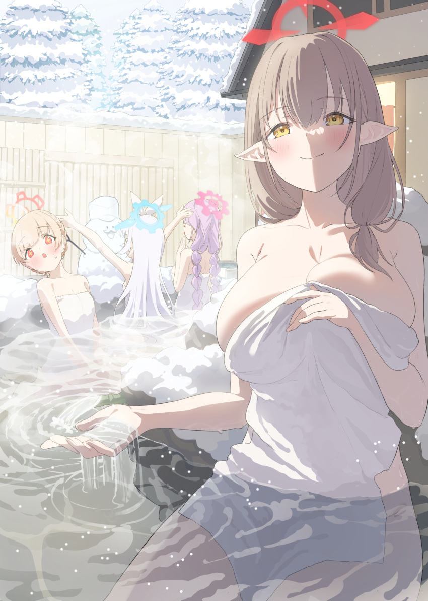 4girls :o absurdres applepie_(12711019) bangs bathing blonde_hair blue_archive blush breasts cherino_(blue_archive) cherino_(hot_spring)_(blue_archive) chinatsu_(blue_archive) chinatsu_(hot_spring)_(blue_archive) cleavage closed_mouth commentary covering hair_bun halo highres huge_breasts long_hair looking_at_viewer medium_hair multiple_girls naked_towel nodoka_(blue_archive) nodoka_(hot_spring)_(blue_archive) official_alternate_costume onsen outdoors parted_lips partially_submerged pointy_ears purple_hair red_eyes short_hair sidelocks sitting small_breasts smile snow snowing snowman steam symbol-only_commentary tomoe_(blue_archive) towel very_long_hair water wet white_hair yellow_eyes