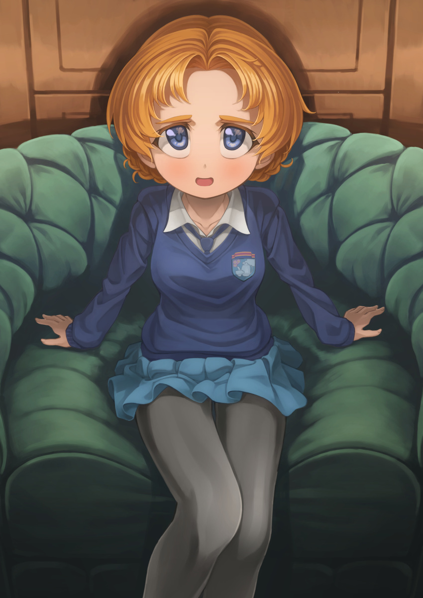 1girl absurdres bangs blue_cardigan blue_eyes blue_necktie blue_skirt braid cardigan chair collared_shirt girls_und_panzer helmet_(trailblazer003) highres looking_up medium_hair necktie orange_hair orange_pekoe_(girls_und_panzer) pantyhose pleated_skirt school_uniform shirt skirt solo st._gloriana's_school_uniform