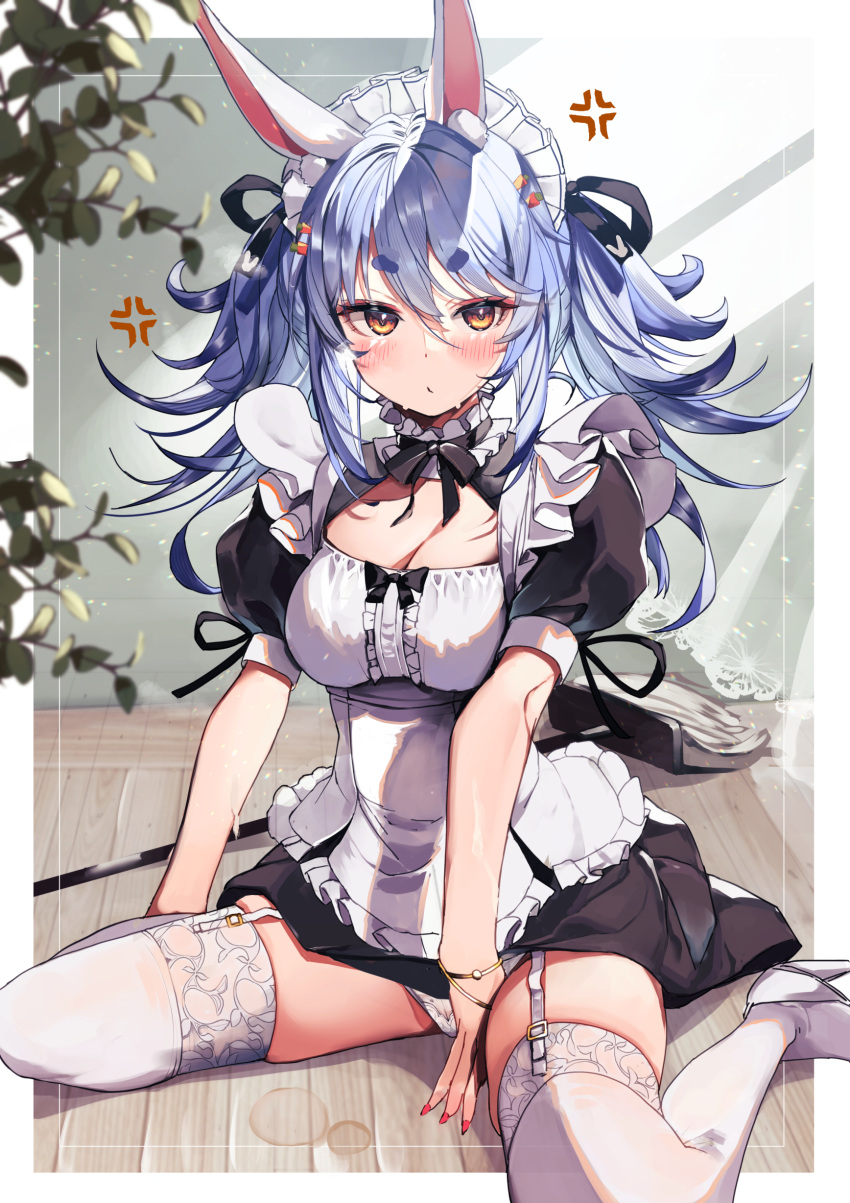 1girl absurdres anger_vein animal_ears apron bangs black_dress blue_hair breasts choker cleavage dress frilled_choker frills garter_straps hair_between_eyes haruhina_purple high_heels highres hololive long_hair looking_at_viewer maid maid_headdress medium_breasts panties puffy_short_sleeves puffy_sleeves rabbit_ears red_nails short_eyebrows short_sleeves sitting solo thick_eyebrows thighhighs twintails underwear usada_pekora virtual_youtuber wariza white_apron white_panties white_thighhighs