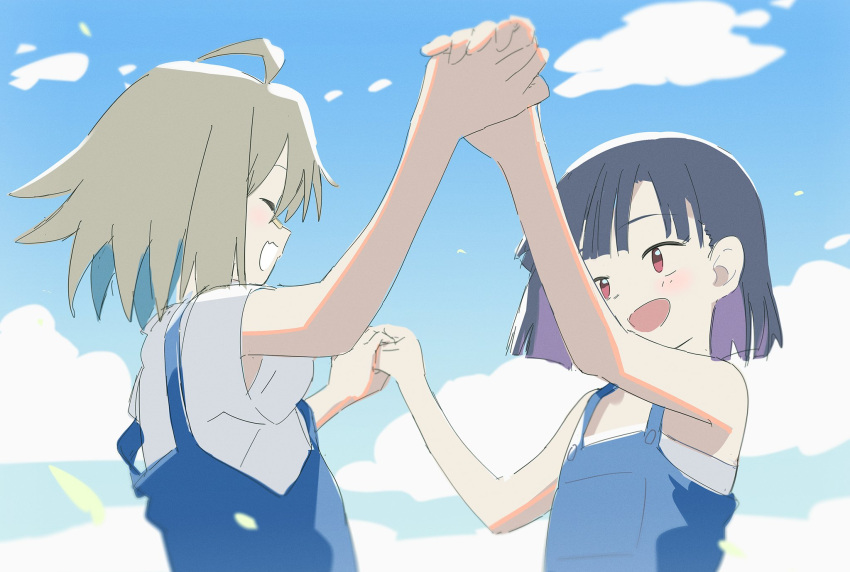 2girls bandaid bandaid_on_face bandaid_on_nose bangs black_hair blue_hair blue_overalls blue_sky blush closed_eyes cloud day do_it_yourself!! fang grey_hair highres holding_hands multicolored_hair multiple_girls open_mouth outdoors overalls purple_hair red_eyes shirt short_hair short_sleeves skin_fang sky suride_miku wasabi60 white_shirt yua_serufu