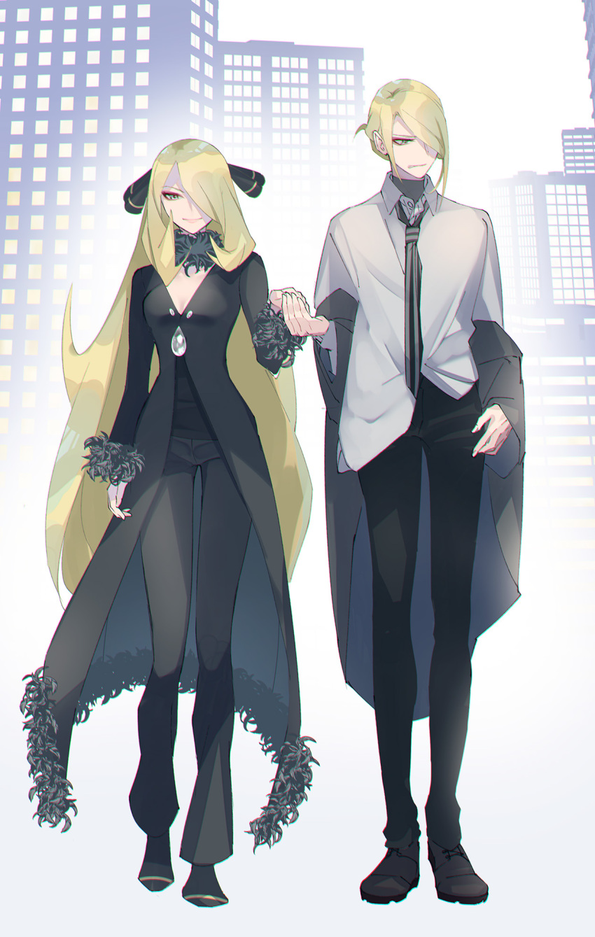 1boy 1girl black_coat black_footwear black_pants blonde_hair breasts building cityscape cleavage closed_mouth coat cynthia_(pokemon) full_body fur-trimmed_coat fur_collar fur_trim grey_eyes hair_ornament hair_over_one_eye hand_on_another's_hand highres long_hair looking_at_viewer mitsuha_(bless_blessing) necktie pants pokemon shirt small_breasts smile volo_(pokemon)