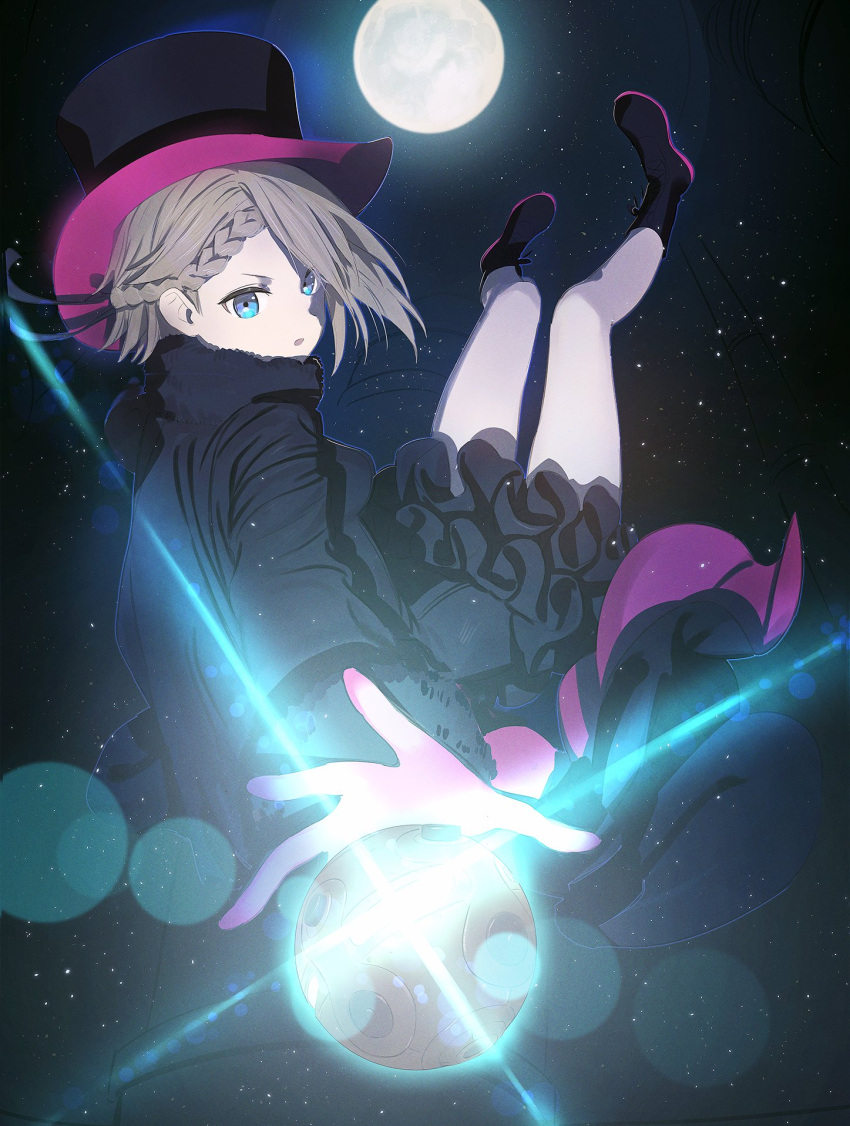 1girl ange_(princess_principal) bangs black_cape black_footwear black_headwear blue_eyes boots braid cape cavorite_ball commentary full_moon gloves grey_hair hat highres long_sleeves looking_at_viewer moon night outdoors parted_lips princess_principal short_hair sky solo star_(sky) starry_sky top_hat wasabi60