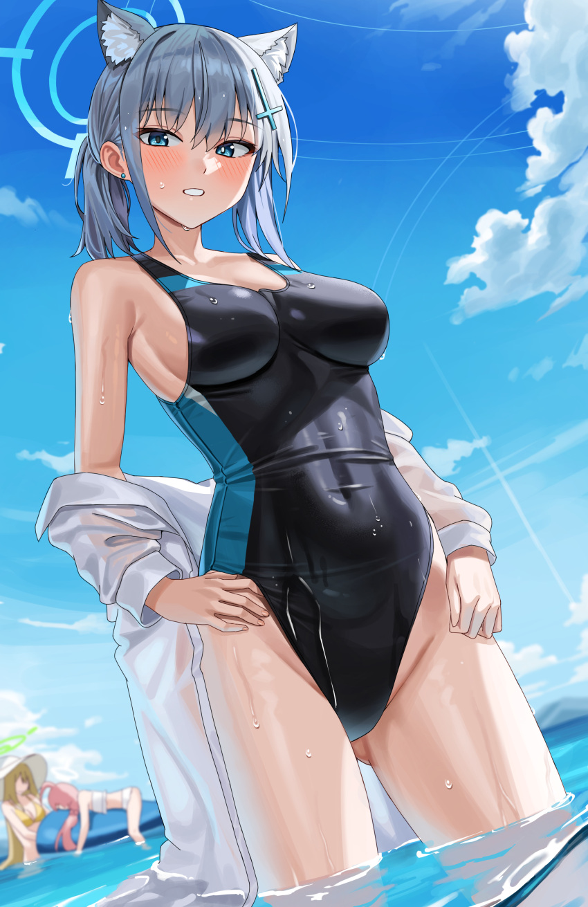 3girls absurdres animal_ears ass_visible_through_thighs bangs bare_shoulders bikini black_one-piece_swimsuit blue_archive blue_eyes blue_sky blush breasts bright_pupils cloud competition_swimsuit contrail covered_navel cross_hair_ornament day duplicate dutch_angle earrings extra_ears faceless faceless_female grey_hair grin hair_ornament halo hand_on_hip highleg highleg_swimsuit highres hoshino_(blue_archive) hoshino_(swimsuit)_(blue_archive) jewelry large_breasts long_hair looking_at_viewer medium_hair mismatched_pupils multiple_girls nonomi_(blue_archive) nonomi_(swimsuit)_(blue_archive) off_shoulder official_alternate_costume one-piece_swimsuit open_clothes open_shirt outdoors parted_lips pixel-perfect_duplicate shiroko_(blue_archive) shiroko_(swimsuit)_(blue_archive) shirt shocho side_ponytail sideboob sidelocks sky smile solo_focus stud_earrings swimsuit taut_clothes taut_swimsuit thighs two-tone_swimsuit wading wet white_pupils white_shirt yellow_bikini