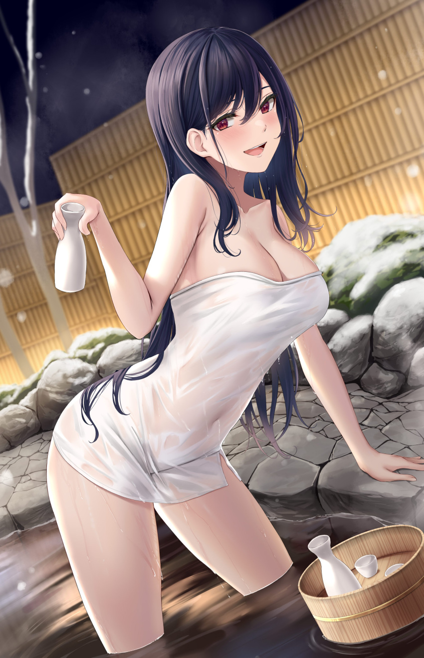 1girl :d absurdres arm_support bare_tree black_hair bottle breasts bucket choko_(cup) cleavage collarbone covered_navel cup fence highres holding holding_bottle large_breasts leaning_forward long_hair looking_at_viewer naked_towel night night_sky onsen open_mouth original outdoors rama_(yu-light8) red_eyes rock sake_bottle sky smile solo thighs towel tree wading water wet wet_hair wet_towel