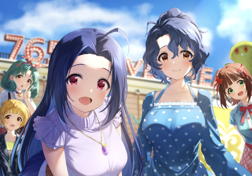 5girls absurdres ahoge amami_haruka antenna_hair bangs blue_hair blunt_bangs blush breasts chupacabra dark_blue_hair dress fukuda_noriko highres idolmaster idolmaster_million_live! large_breasts looking_at_viewer miura_azusa multiple_girls outdoors polka_dot polka_dot_dress sasa_koutoyomu smile tokugawa_matsuri toyokawa_fuka