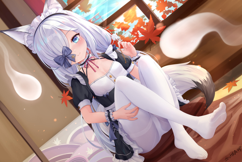 1girl absurdres alternate_costume animal_ear_fluff animal_ears apron autumn_leaves azur_lane bed blue_eyes blue_sky bow dress ear_cleaning enmaided feet fox_ears fox_girl fox_tail hair_bow hair_over_one_eye highres holding indoors kasumi_(azur_lane) leaf long_hair looking_at_viewer maid maid_apron maid_headdress maple_leaf mimikaki no_shoes on_bed one_eye_covered panties panties_under_pantyhose pantyhose sechka sitting sky smile soles solo tail underwear white_hair white_pantyhose