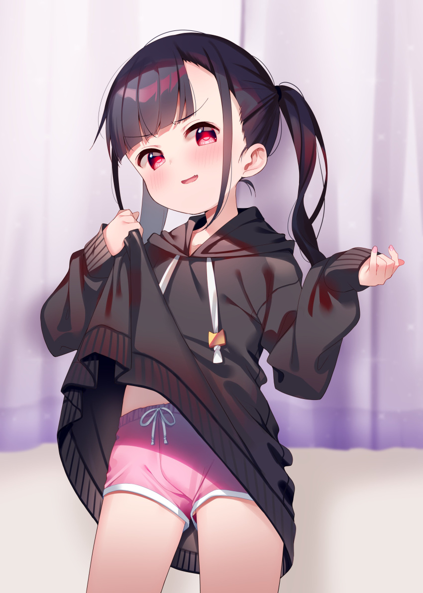 1girl absurdres bangs black_hair black_jacket blunt_bangs blush highres jacket jacket_lift lifted_by_self long_sleeves looking_at_viewer meito_(maze) original parted_bangs pink_shorts red_eyes shorts side_ponytail smile solo thighs