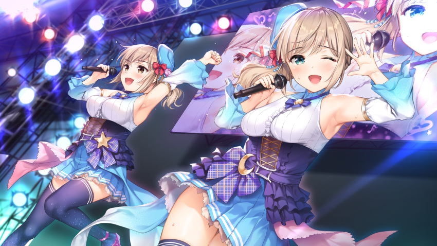 2girls arm_up armpits bangs blue_bow blue_bowtie blue_headwear blue_thighhighs blush bow bowtie brown_eyes brown_hair concert dress frilled_dress frills game_cg green_eyes hair_bow hair_ornament highres holding holding_microphone layered_dress microphone multiple_girls music one_eye_closed open_mouth original red_bow screen siblings singing sleeveless sleeveless_dress stage_lights star_(symbol) sweat thighhighs twins umakuchi_shouyu zettai_ryouiki