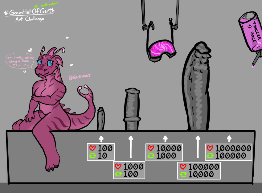 antennae_(anatomy) anthro aquatic_dragon arm_over_breasts big_dildo bioluminescence blue_eyes blush breast_squish breasts challenge dildo dragon edie_(rahisauce) fin gauntlet_of_dicks genitals glowing gynomorph head_fin hi_res huge_dildo hyper_dildo hypnosis hypnotic_visor intersex looking_aside looking_away marine mind_control mouth_closed one_leg_aside penetration penis penis_between_thighs pink_body pink_scales pink_skin progression rahisauce ridiculous_fit scales scalie sex_toy shy sitting soft_belly solo squish thick_tail timid