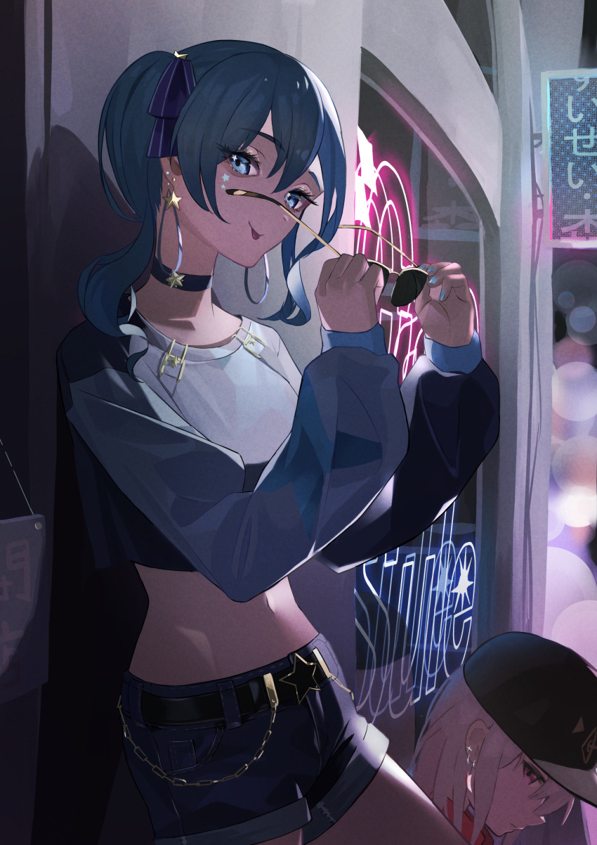 2girls :p belt blue_eyes blue_hair blue_shorts capsule_(hololive) choker commentary earrings eyewear_removed haku_u_0818 hat highres hololive hololive_english hoshimachi_suisei jewelry looking_at_viewer midriff mori_calliope multiple_girls nail_polish pink_eyes pink_hair removing_eyewear shorts side_ponytail solo_focus star_(symbol) star_earrings sunglasses tongue tongue_out virtual_youtuber