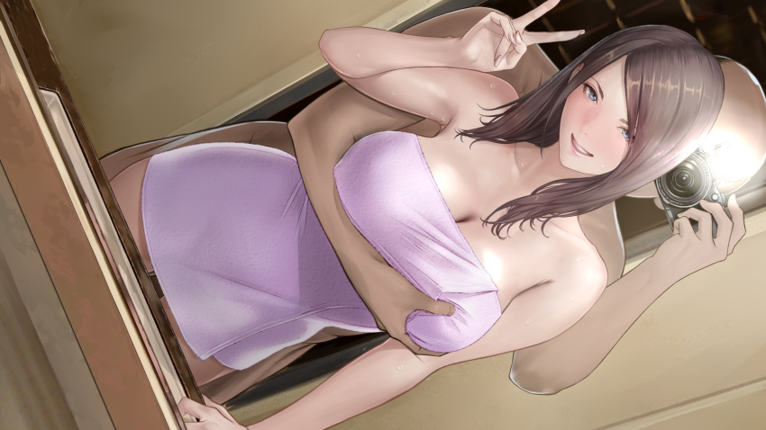 1boy 1girl arm_support bald bangs blue_eyes breast_grab breasts brown_hair camera dutch_angle grabbing highres holding holding_camera large_breasts long_hair looking_at_viewer mirror naked_towel nude open_door original parted_bangs reflection shisshou_senkoku smile standing taking_picture towel v