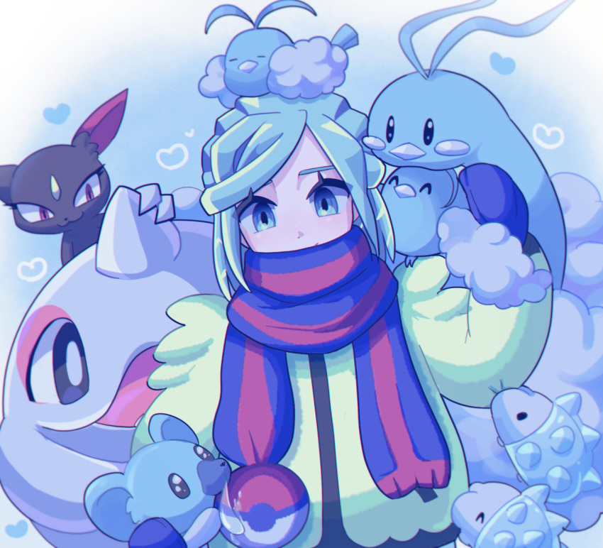 1boy altaria aqua_eyes aqua_hair bird blue_mittens cetoddle closed_mouth commentary_request cubchoo grusha_(pokemon) heart highres jacket looking_at_viewer male_focus on_head pokemon pokemon_(creature) pokemon_(game) pokemon_on_head pokemon_sv scarf scarf_over_mouth shi_(soudana_sigurd) sneasel snom striped striped_scarf swablu upper_body yellow_jacket