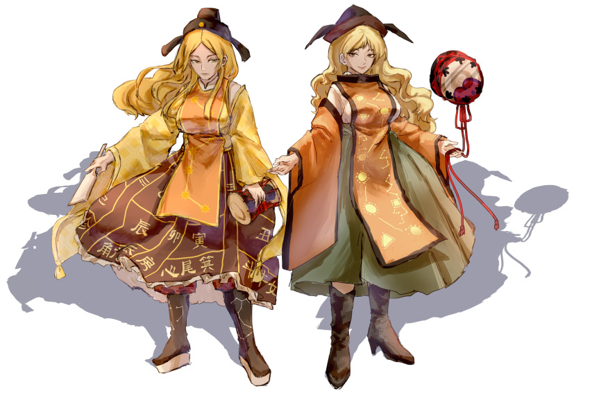 absurdres adapted_costume black_headwear blonde_hair boots brown_headwear cape chinese_clothes constellation constellation_print drum dual_persona floating floating_object green_skirt hat high_heel_boots high_heels highres instrument long_hair long_sleeves matara_okina orange_cape orange_sleeves orange_tabard shouxishao_jiuyuan skirt standing sun_symbol tabard touhou tsuzumi wide_sleeves yellow_eyes