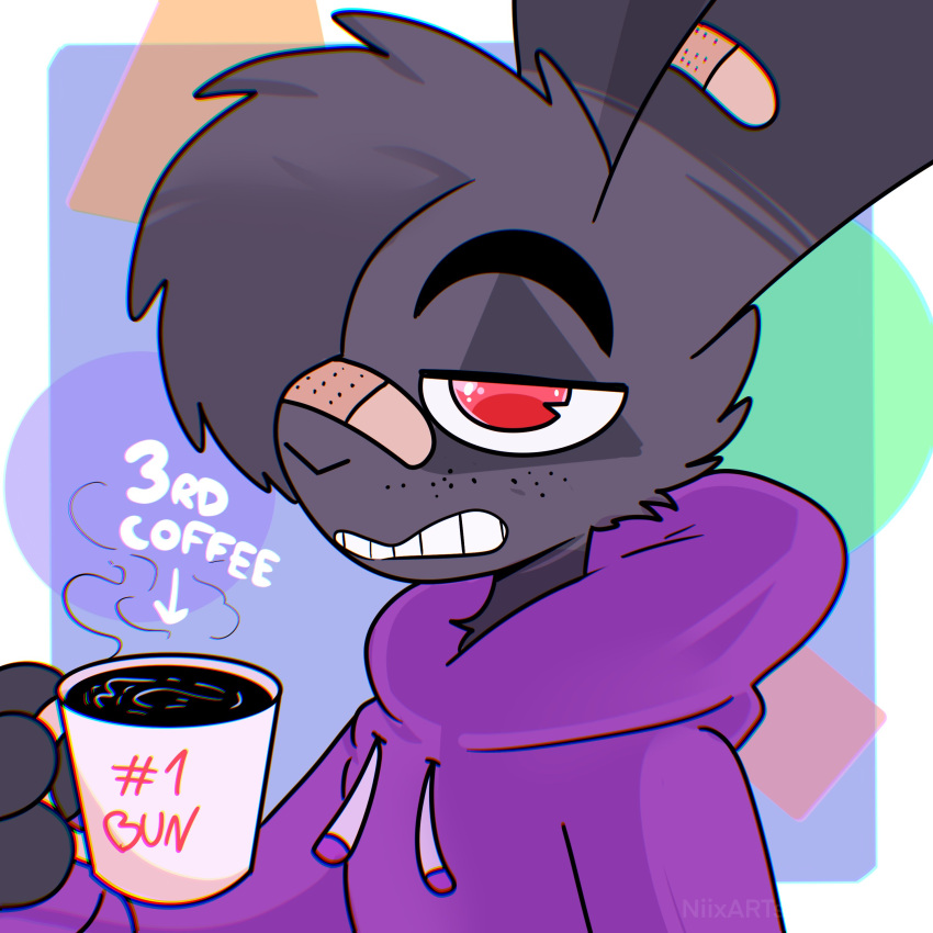 1:1 absurd_res anthro band-aid band-aid_on_nose bandage beverage black_body black_fur cheek_tuft clenched_teeth clothing coffee facial_tuft fur grey_body grey_fur half-closed_eyes hi_res hoodie lagomorph leporid male mammal narrowed_eyes nick_(the_xing1) rabbit simple_background solo teeth the_xing1 topwear tuft