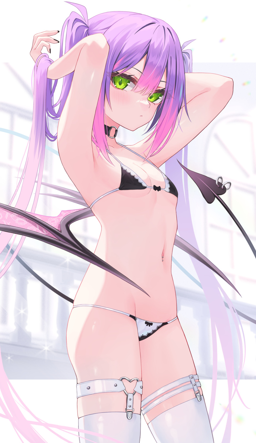 1girl 333shishishi333 absurdres alternate_costume armpits arms_up bare_shoulders bikini black_bikini black_choker breasts choker collarbone cowboy_shot demon_girl demon_tail demon_wings frilled_bikini frills green_eyes groin highres hololive long_hair looking_at_viewer maid_bikini multicolored_hair navel navel_piercing piercing pink_hair purple_hair skindentation small_breasts solo stomach string_bikini swimsuit tail tail_ornament tail_piercing thigh_strap thighhighs tokoyami_towa twintails very_long_hair virtual_youtuber wings