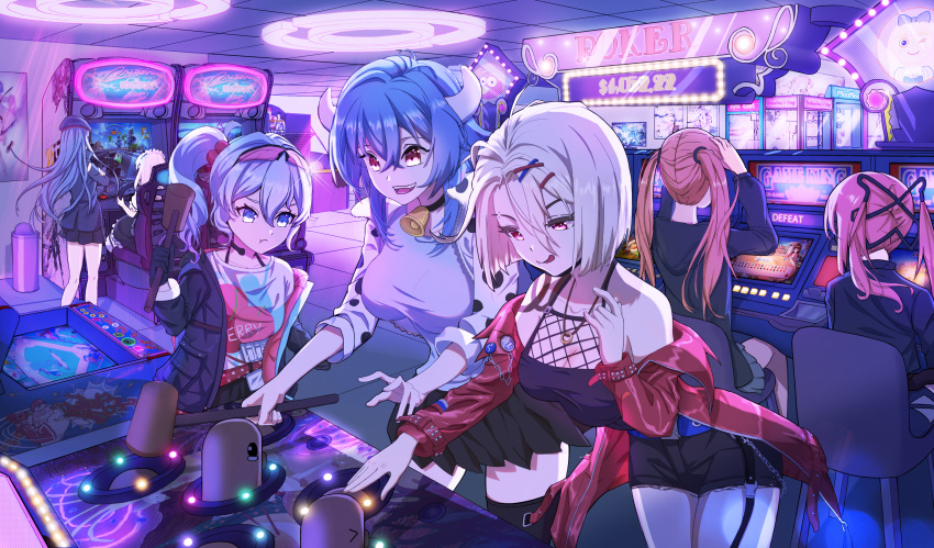 6+girls absurdres arcade arcade_cabinet breasts character_request chinese_commentary cleavage commentary_request controller cow_girl cow_horns crossover cz100_(girls'_frontline) driving g36_(girls'_frontline) girls'_frontline hammer highres hk416_(girls'_frontline) holding holding_hammer horns indoors jashin-chan_dropkick joystick long_hair maid_headdress mallet minos_(jashin-chan_dropkick) multiple_girls neon_lights piko_piko_hammer playing_games qinshiqi seat short_hair sr-2_(girls'_frontline) whac-a-mole