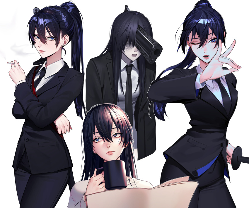 1girl absurdres bangs black_hair black_jacket black_necktie black_pants black_suit blue_eyes buttons chainsaw_man cigarette collared_shirt cup formal fox_shadow_puppet genderswap genderswap_(mtf) gun_devil_(chainsaw_man) hair_between_eyes hayakawa_aki high_ponytail highres holding holding_cigarette holding_cup holding_weapon jacket lavelis long_hair looking_at_viewer looking_away looking_up multiple_views necktie office_lady one_eye_closed open_mouth pants ponytail shiny shiny_hair shirt simple_background smoking standing suit weapon white_background white_shirt