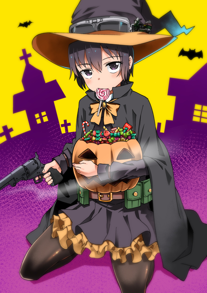 belt belt_pouch black_eyes black_hair candy cape colt_1851_navy food goggles goggles_on_headwear ground_vehicle gun halloween halloween_bucket hat hermes_(kino_no_tabi) highres jack-o'-lantern kino_(kino_no_tabi) kino_no_tabi lollipop motor_vehicle motorcycle pantyhose pouch revolver ribbon short_hair skirt solo tomurasuisen weapon witch witch_hat