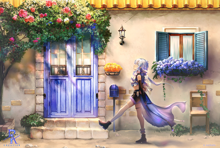 1girl arm_behind_back arm_grab black_footwear black_gloves black_shorts blue_eyes blue_flower blue_hair blue_rose building commentary_request crop_top door elbow_gloves floating_hair flower from_side gloves highres long_hair mailbox_(incoming_mail) original profile red_flower red_rose rose saihate_(d3) shirt shoes short_shorts shorts single_glove single_thighhigh solo stairs stone_stairs thighhighs tree very_long_hair walking white_shirt white_thighhighs window yellow_flower