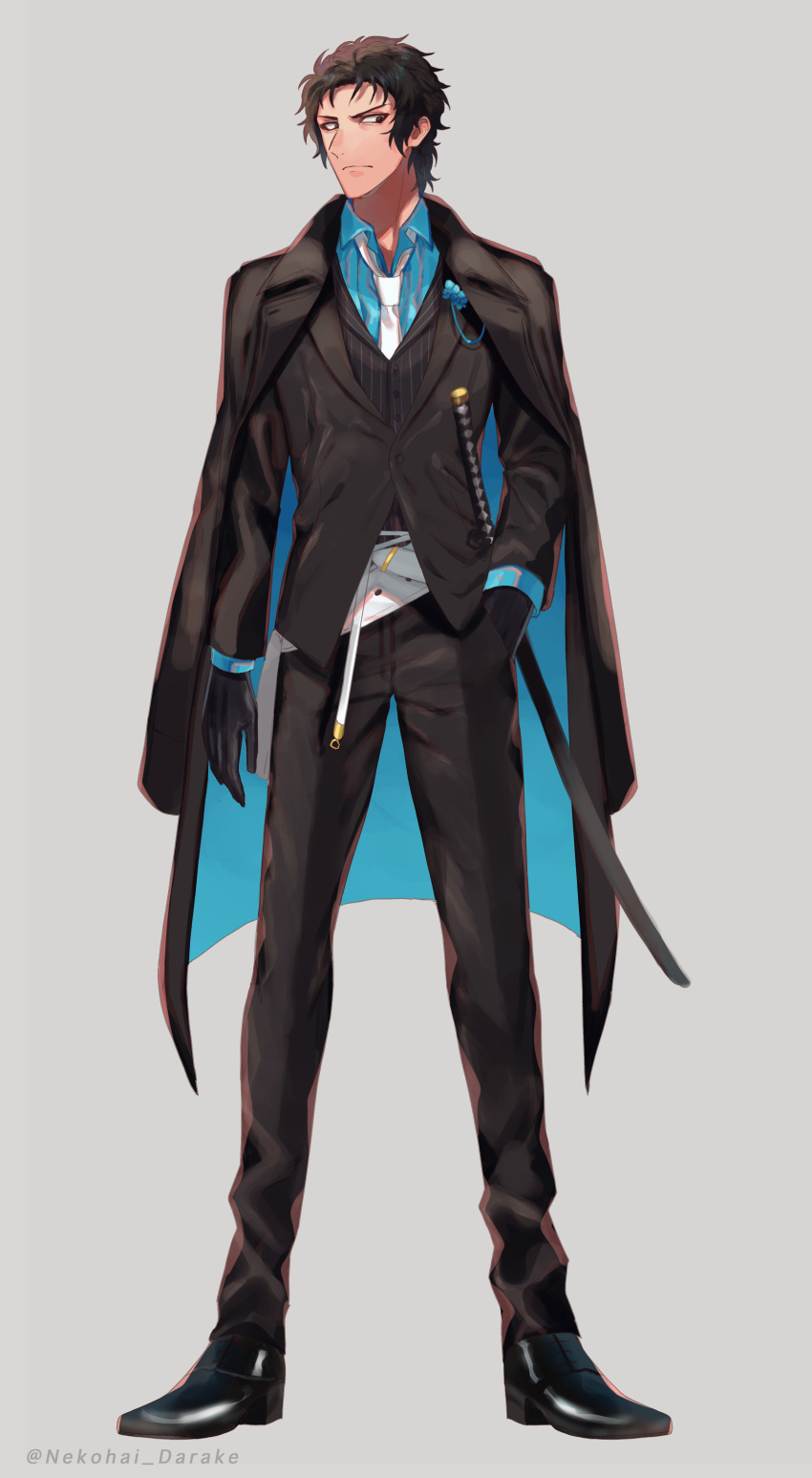 1boy absurdres alternate_costume belt belt_pouch black_coat black_eyes black_footwear black_gloves black_hair black_jacket black_pants black_suit black_vest blue_flower blue_shirt closed_mouth coat coat_on_shoulders collared_shirt dress_shoes fate/grand_order fate_(series) flower formal full_body gloves grey_background hair_slicked_back hand_in_pocket highres hijikata_toshizou_(fate) jacket katana lapel_pin lapels looking_at_viewer male_focus necktie nekohai_darake notched_lapels open_collar oxfords pant_suit pants pinstripe_pattern pinstripe_vest pouch sheath sheathed shirt short_hair sideways_glance solo standing striped suit sword vest weapon white_belt white_necktie