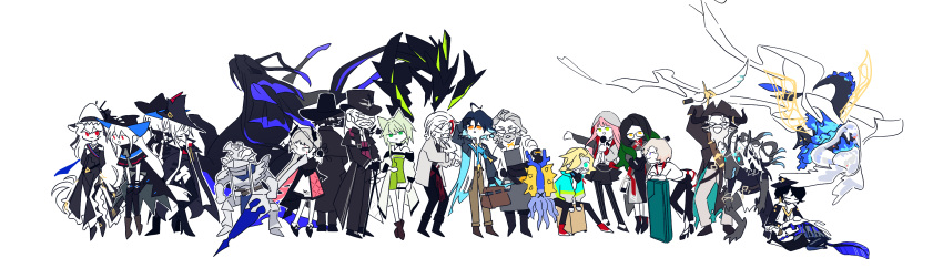 &gt;_&lt; 6+boys 6+girls ahoge alfonso_(arknights) alty_(arknights) amaya_(arknights) animal_ears arknights armor aya_(arknights) beard belt belt_buckle black_hair black_pants blonde_hair blue_eyes blue_hair brown_belt brown_pants buckle carmen_(arknights) character_request chibi closed_eyes coat commentary cutlass dan_(arknights) dress elysium_(arknights) expressionless facial_hair fox_ears frost_(arknights) garcia_(arknights) gladiia_(arknights) glasses green_dress green_eyes grey_apron hat head_wings highres holding holding_sword holding_weapon horns irene_(arknights) kal'tsit_(arknights) lance lumen_(arknights) mon3tr_(arknights) monster multiple_boys multiple_girls nethersea_spewer_(arknights) no_mouth pants pink_hair pirate pirate_hat polearm red_eyes rocinante_(arknights) simple_background skadi_(arknights) sparkle specter_(arknights) specter_the_unchained_(arknights) suitcase sweat sword the_endspeaker_(arknights) the_last_knight_(arknights) thiago_(arknights) top_hat tricorne ulpianus_(arknights) weapon white_background white_coat white_hair x_x xity yellow_eyes