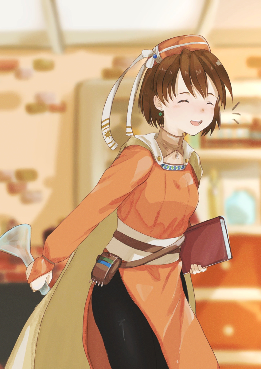 1girl :d atelier_(series) atelier_elie beaker black_pantyhose blurry blurry_background book breasts brown_hair closed_eyes earrings elfir_traum facing_viewer hat hat_ornament highres holding holding_book indoors jewelry korunosabu long_sleeves orange_headwear pantyhose pouch ribbon short_hair small_breasts smile solo standing white_ribbon