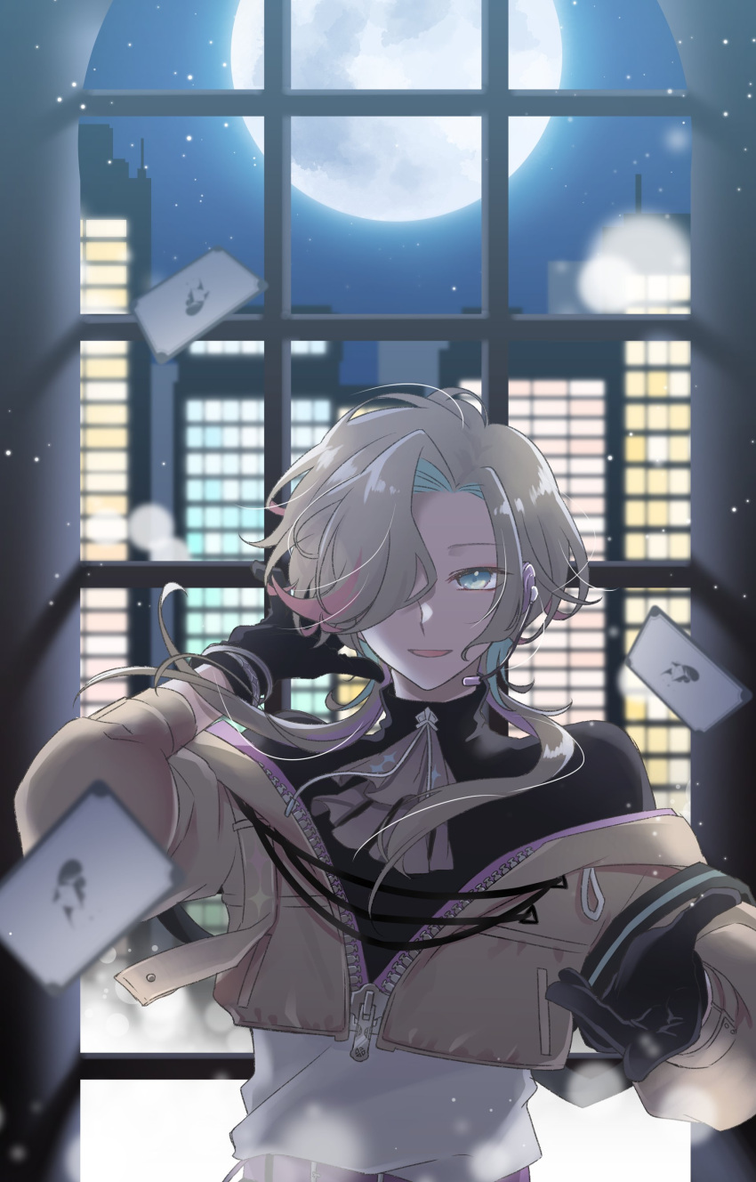 1boy absurdres aqua_eyes aqua_hair ascot beckoning black_gloves black_shirt building colored_inner_hair cropped_jacket earpiece falling_card full_moon gloves grey_ascot hair_over_one_eye hand_in_own_hair highres holostars jacket keishi_(trap) lens_flare light_particles long_hair looking_at_viewer male_focus moon multicolored_hair night off_shoulder parted_lips partially_unzipped pink_hair purple_belt shirt smile solo streaked_hair turtleneck two-tone_shirt upper_body utsugi_uyu virtual_youtuber white_hair white_jacket white_shirt window