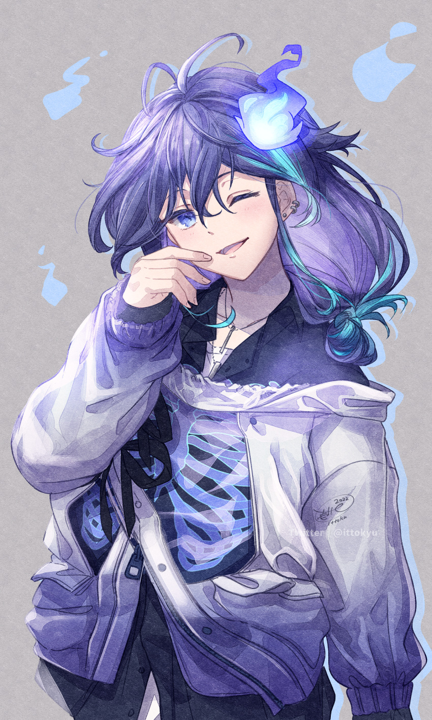 1boy ;d black_jacket blue_fire blue_hair collared_shirt commentary_request dress_shirt fire grey_background hand_up head_tilt highres holostars ittokyu jacket long_hair long_sleeves looking_at_viewer male_focus minase_rio multicolored_hair one_eye_closed puffy_long_sleeves puffy_sleeves purple_eyes purple_hair shirt signature simple_background skeleton_print sleeves_past_wrists smile solo streaked_hair twitter_username virtual_youtuber white_jacket white_shirt
