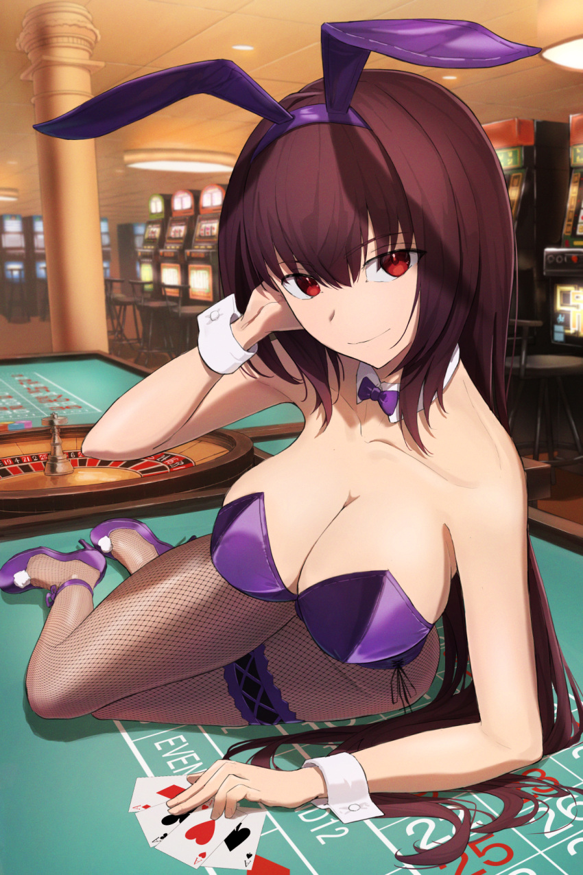 1girl ace_of_spades animal_ears bow bowtie breasts card casino cleavage commentary desk detached_collar fake_animal_ears fate/grand_order fate_(series) fishnet_pantyhose fishnets hairband highleg highleg_leotard highres kamo_ashi leotard lying official_alternate_costume on_desk on_side on_table pantyhose playboy_bunny playing_card purple_bow purple_bowtie purple_hairband purple_leotard rabbit_ears roulette roulette_table scathach_(fate) scathach_(piercing_bunny)_(fate) side-tie_leotard sitting sitting_on_desk slot_machine smile solo spade_(shape) strapless strapless_leotard table wide_hips wrist_cuffs