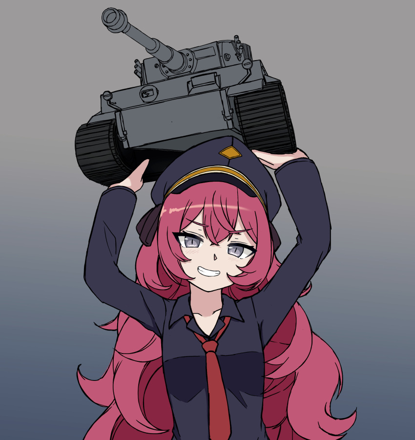 1girl absurdres black_headwear black_shirt blue_archive collared_shirt gradient gradient_background grey_eyes grin ground_vehicle hat highres iroha_(blue_archive) lifting_vehicle long_hair long_sleeves looking_at_viewer military military_vehicle motor_vehicle necktie peaked_cap red_hair red_necktie shirt smile solo tank upper_body xandier59