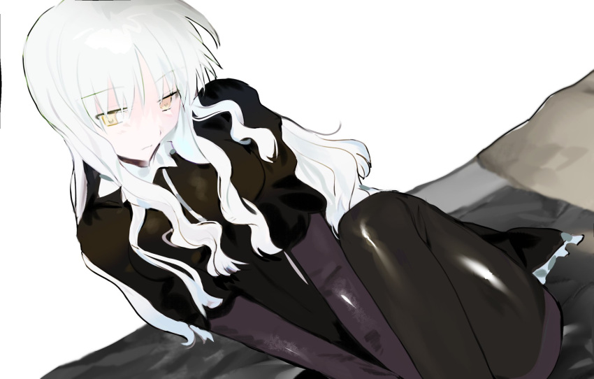 1girl bangs bed bed_sheet blush breasts caren_hortensia eyes_visible_through_hair fate/hollow_ataraxia fate/stay_night fate_(series) hair_between_eyes head_tilt highres laver_(1090792977) layered_sleeves leg_up long_hair long_sleeves looking_at_viewer medium_breasts on_bed own_hands_together pillow simple_background solo thighhighs wavy_hair white_background white_hair yellow_eyes