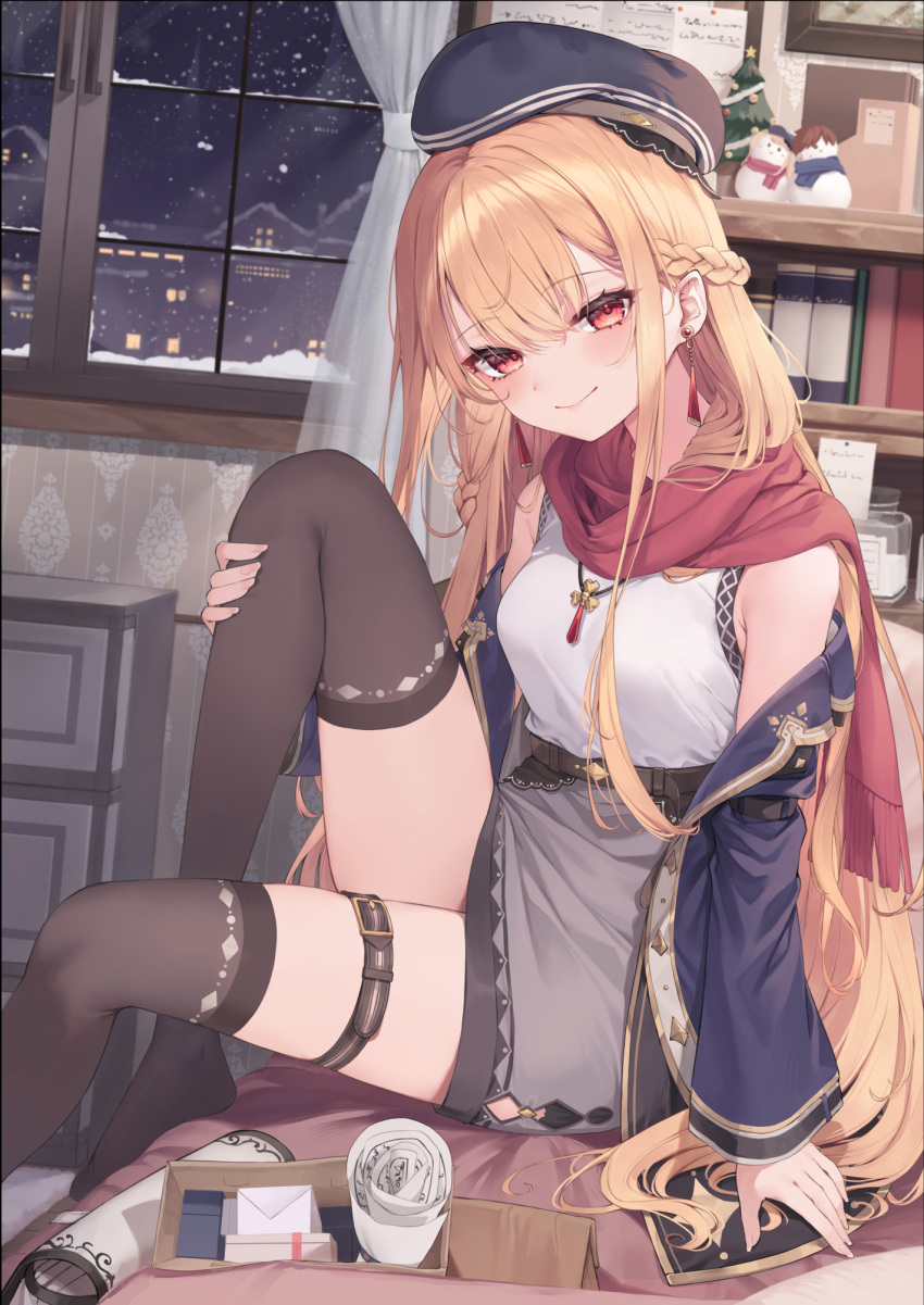 1girl armpit_crease belt beret blonde_hair box braid breasts cross cross_necklace cum cum_on_clothes curtains earrings hand_on_own_knee hat highres jewelry knee_up light_blush long_hair looking_at_viewer mizuiro_raika necklace original paper red_scarf scarf shelf small_breasts smile snow solo thigh_belt thigh_strap thighhighs thighs very_long_hair window yellow_eyes