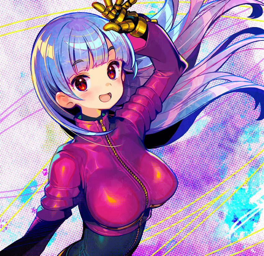 1girl :d bangs blue_hair blush bodysuit breasts commentary cropped_jacket gloves jacket kula_diamond large_breasts long_hair long_sleeves looking_at_viewer multicolored_hair onono_imoko open_mouth pink_hair red_eyes smile solo the_king_of_fighters upper_body zipper