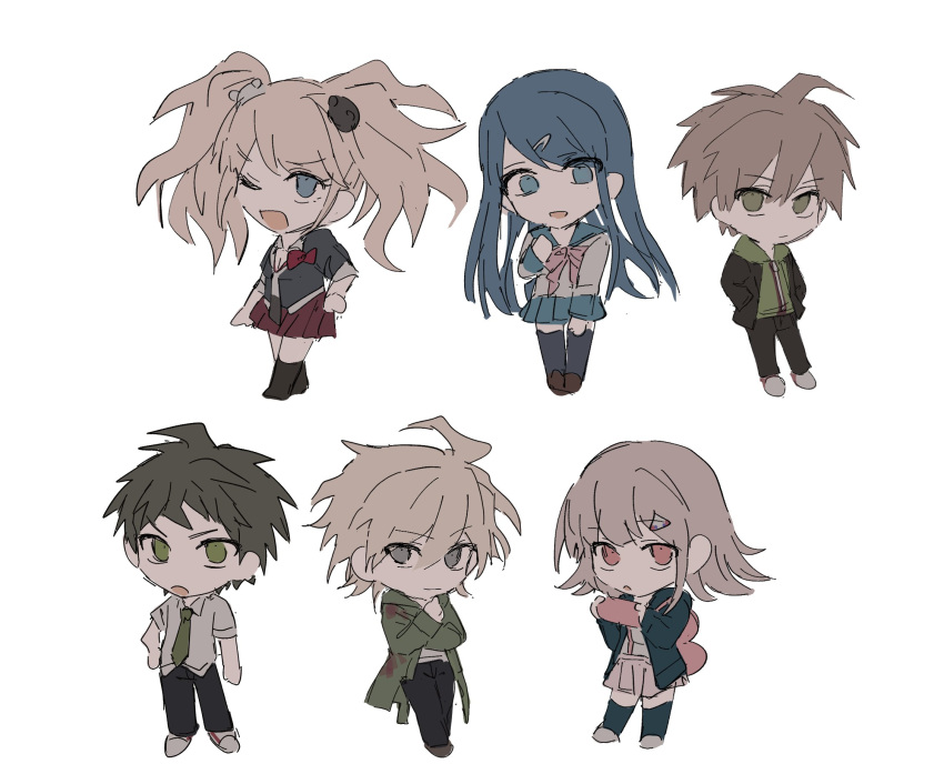 3boys 3girls :d aemono_(lemolemo_lmn) ahoge alternate_hair_ornament bangs bear_hair_ornament black_jacket black_necktie black_pants black_thighhighs blue_skirt bow brown_footwear chibi danganronpa:_trigger_happy_havoc danganronpa_(series) danganronpa_2:_goodbye_despair enoshima_junko frown full_body green_hoodie green_necktie grey_background grey_necktie hair_ornament hairclip highres hinata_hajime hood hood_down hoodie jacket komaeda_nagito maizono_sayaka messy_hair miniskirt multiple_boys multiple_girls naegi_makoto nanami_chiaki necktie one_eye_closed open_clothes open_jacket open_mouth pants pink_eyes pleated_skirt red_bow red_skirt shoes short_sleeves simple_background skirt smile thighhighs triangle_hair_ornament twintails