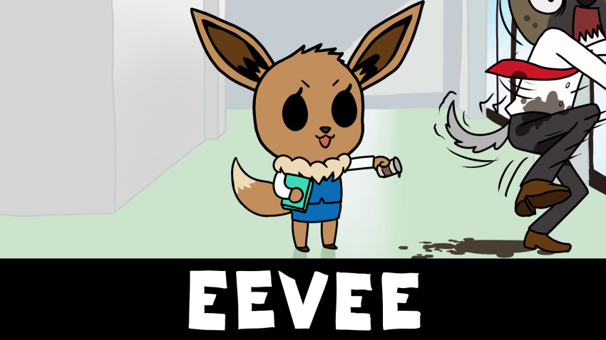 aggressive_retsuko anthro beverage black_eyes brown_body brown_fur coffee eevee ergomancy fenneko fur generation_1_pokemon haida hi_res inside nintendo pokemon pokemon_(species) sanrio video_games