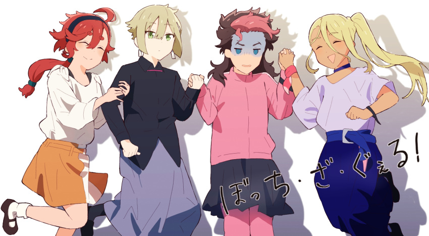 1girl 3boys ahoge bangs black_hairband black_shirt blonde_hair blue_eyes blue_skirt bocchi_the_rock! brown_hair closed_eyes cosplay dark-skinned_male dark_skin elan_ceres gotou_hitori green_eyes green_hair grey_skirt guel_jeturk gundam gundam_suisei_no_majo hair_between_eyes hairband highres higure28 holding_hands ijichi_nijika jacket jersey jumping kita_ikuyo long_hair low_ponytail multicolored_hair multiple_boys open_mouth orange_skirt pants pants_under_skirt parody pink_hair pink_jacket pink_pants pleated_skirt red_hair shaddiq_zennelli shirt skirt smile suletta_mercury track_jacket translated two-tone_hair white_shirt yamada_ryou