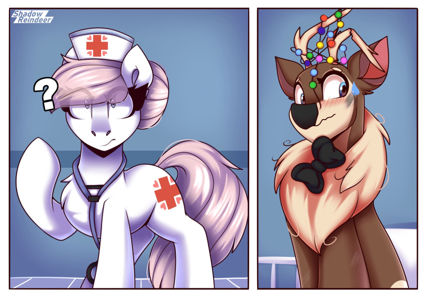 &lt;3 2_panel_comic antlers blush bow_tie capreoline cervid christmas_lights clothing comic cutie_mark fan_character friendship_is_magic hair hair_bun hasbro hat headgear headwear hi_res horn kevin_reindeer mammal medical_instrument my_little_pony nurse nurse_clothing nurse_hat nurse_headwear nurse_redheart_(mlp) pink_hair question_mark reindeer scientific_instrument shadowreindeer stethoscope two_panel_image