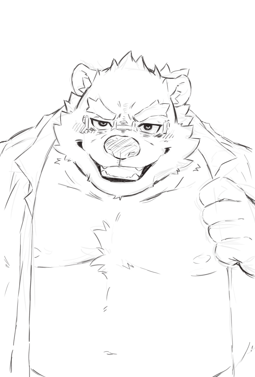 absurd_res anthro belly blush clothing coat heylaw21 hi_res lab_coat leib_(tas) lifewonders line_art male mammal musclegut naughty_face nipples pecs polar_bear shirtless solo tokyo_afterschool_summoners topwear ursid ursine video_games