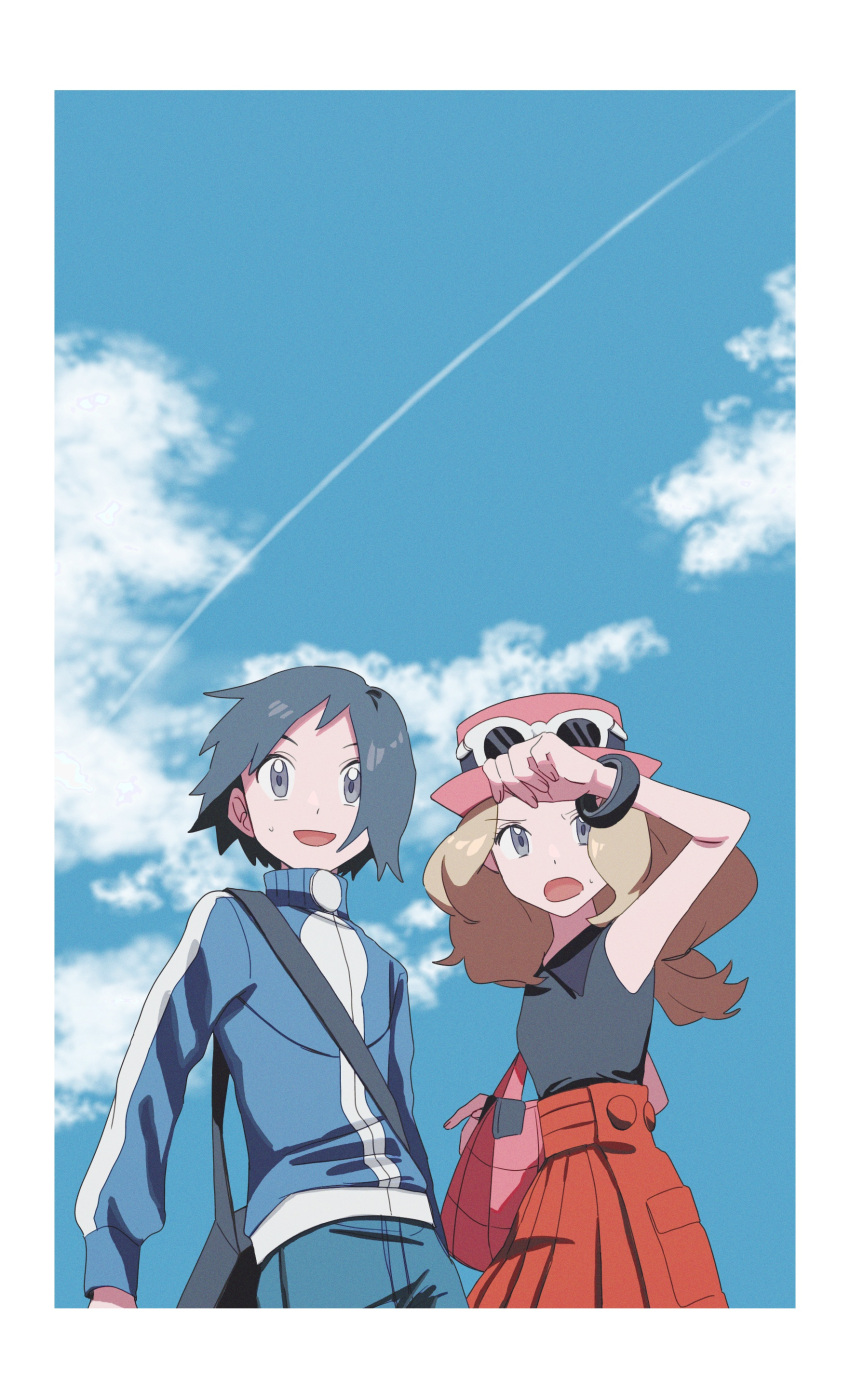 1boy 1girl :d absurdres asagiri_kogen bag black_hair blue_jacket border calem_(pokemon) cloud collared_shirt commentary_request day eyewear_on_headwear grey_eyes handbag hat highres jacket long_hair long_sleeves mega_ring open_mouth outdoors pink_bag pink_headwear pokemon pokemon_(game) pokemon_xy red_skirt serena_(pokemon) shirt short_hair skirt sky sleeveless sleeveless_shirt smile sunglasses turtleneck turtleneck_jacket white-framed_eyewear white_border