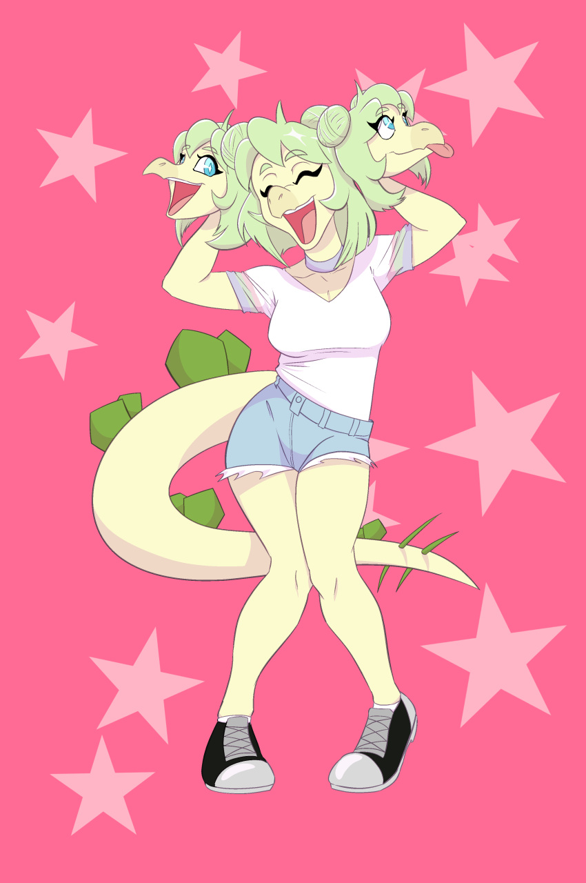 absurd_res anthro blue_eyes bottomwear clothed clothing cutoffs denim denim_clothing dinosaur eyes_closed female goodbye_volcano_high green_hair hair heartsick hi_res long_tail multi_head open_mouth ornithischian pose reptile scalie shorts simple_background smile smiling_at_viewer snoot_game_(fan_game) solo spiked_tail spikes spikes_(anatomy) stegosaurian stegosaurus stella_(gvh) thick_thighs thyreophoran tongue tongue_out video_games yellow_body