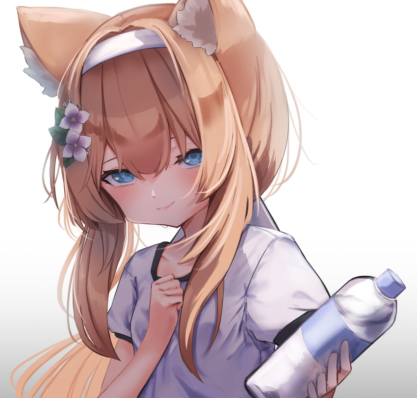 animal_ears blonde_hair blue_archive blue_eyes bottle cat_ears flower hair_flower hair_ornament hairband hand_on_own_chest highres logiclr long_hair mari_(blue_archive) mari_(gym_uniform)_(blue_archive) sidelocks simple_background smile water_bottle