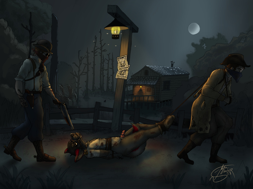 absurd_res anthro blood bodily_fluids bound canid canine canis captured clothed clothed/nude clothed_male_nude_male clothing cowboy danger detailed_background dragging footbag genitals group gun hi_res human hunt:showdown hunting lamp male male/male mammal moon muzzle_(object) night nude penis questionable_consent ranged_weapon red_ears sanguinarywolf scuff_marks shotgun swamp trio tyler_sinclair tylerthegshep video_games wanted_poster weapon western wolf wounded