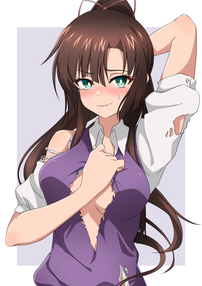 1girl absurdres arm_up asymmetrical_bangs bangs blush breasts brown_hair closed_mouth collared_shirt commentary_request covering covering_chest embarrassed green_eyes grey_background hair_ribbon highres kirasaka_sayaka large_breasts long_hair nijizuki_shino pink_ribbon ponytail purple_sweater_vest ribbon shirt solo strike_the_blood sweatdrop sweater_vest torn_clothes torn_shirt torn_sweater_vest two-tone_background upper_body white_background white_shirt