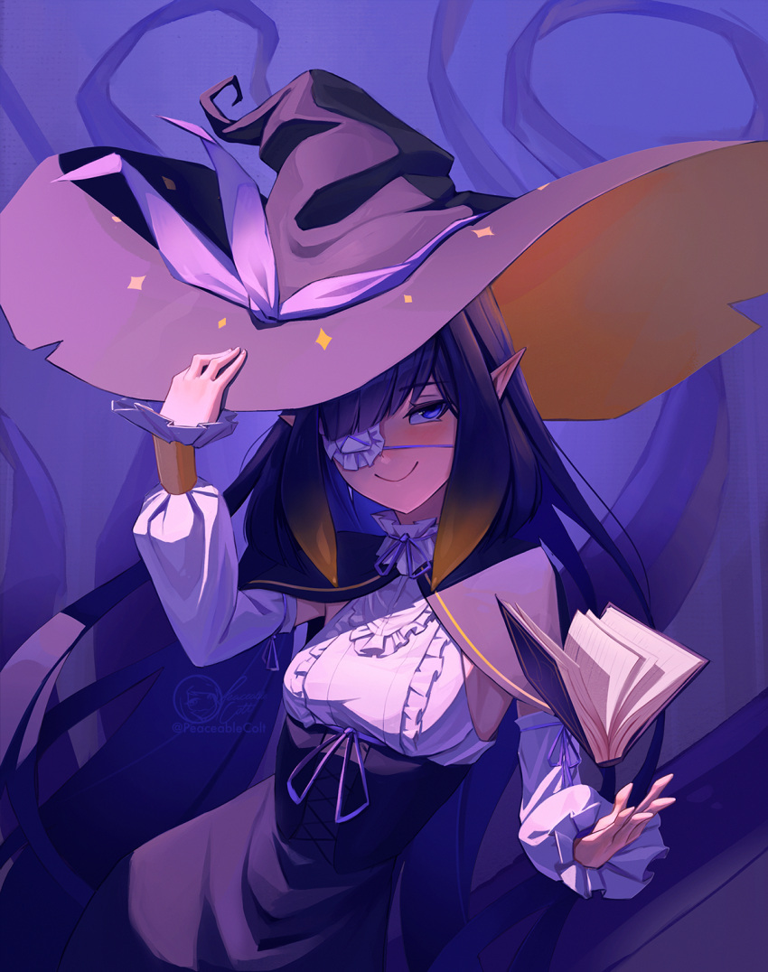 1girl bangs black_hair black_headwear black_skirt blue_eyes blush book breasts cape center_frills closed_mouth detached_sleeves diagonal_bangs eyepatch floating floating_book floating_object frilled_shirt frills gradient_hair halter_shirt halterneck hand_on_headwear hat high-waist_skirt highres hololive long_hair long_skirt long_sleeves multicolored_hair ninomae_ina'nis orange_hair peaceablecolt pointy_ears puffy_detached_sleeves puffy_sleeves shirt sidelocks skirt small_breasts smile solo tentacle_hair very_long_hair virtual_youtuber witch_hat