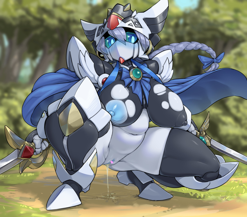 1girl android black_thighhighs blue_bow blue_cape blue_eyes blue_nipples blush bottomless bow braid breasts cape censored character_request colored_nipples colored_sclera copyright_request cum cum_in_pussy cumdrip day dual_wielding forest green_sclera grey_hair gundam hair_bow heart heart_censor helmet holding holding_sword holding_weapon huge_breasts joints looking_at_viewer nature navel nipples no_mouth outdoors plump pochincoff pussy robot robot_joints sd_gundam solo squatting sword thighhighs torn_clothes weapon